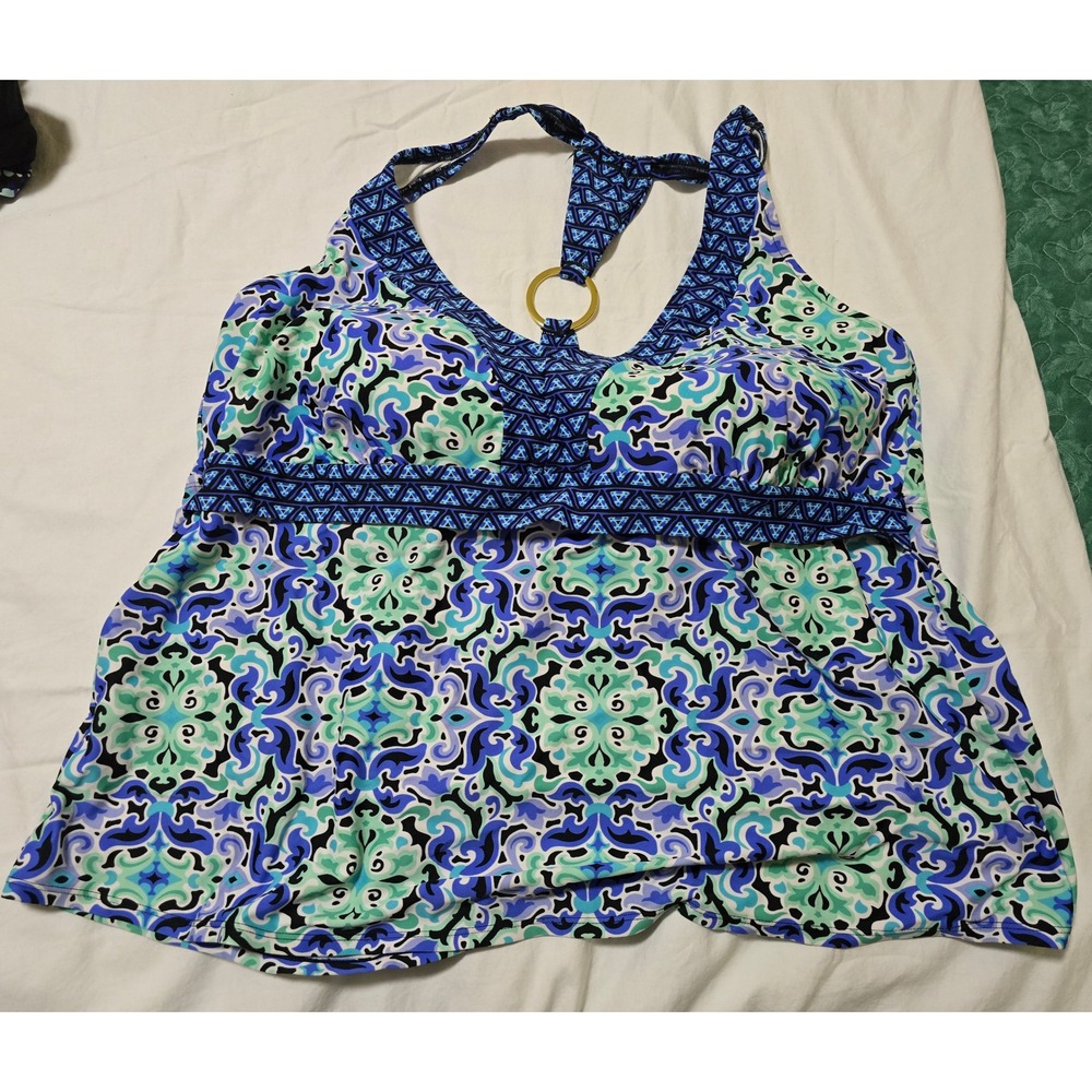 Pure Energy Women Tankini Swim Top Blue Green Print Ring Halter Size 24W‎ /0347